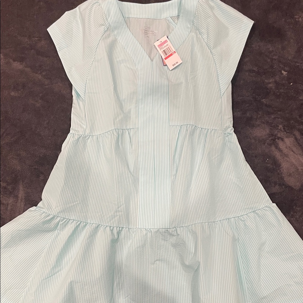 VINEYARD VINES HARBOR TIERED Performance Light Blue & White Mini Dress
